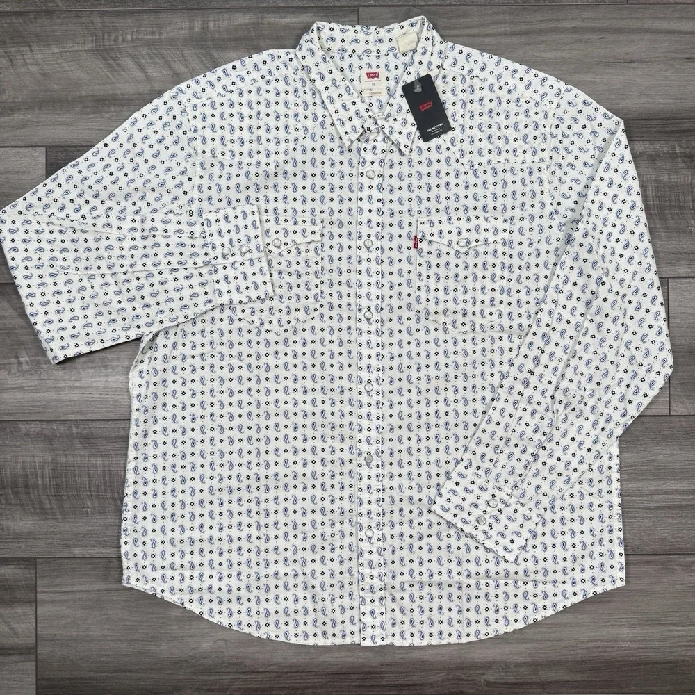 Levi's Mens Size XL Western Shirt White Paisley Pearl Snap Long Sleeve NWT